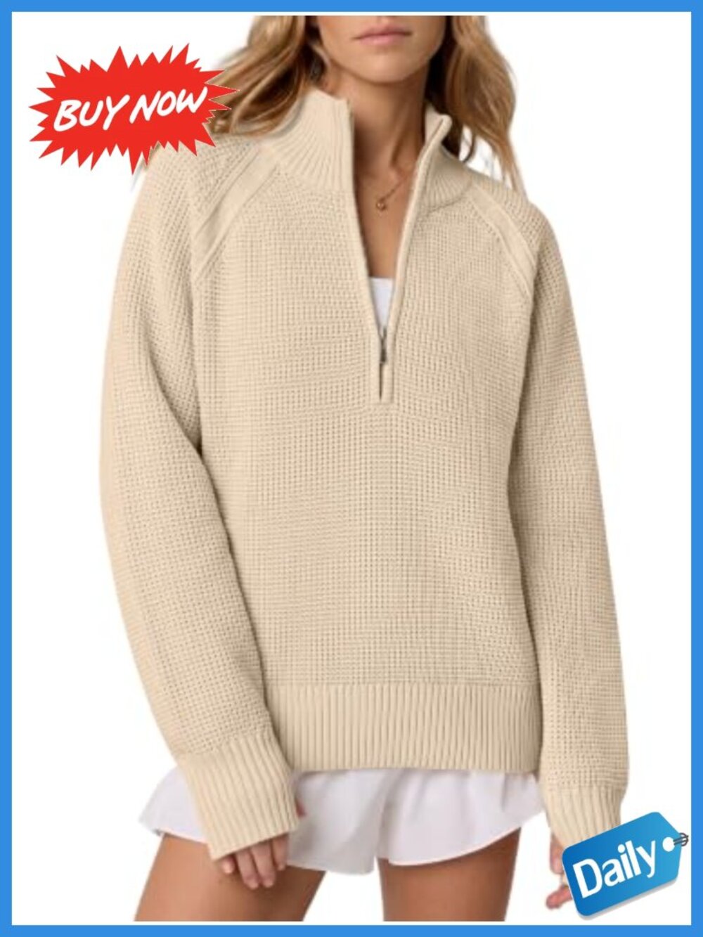 Waffle Knit Quarter Zip Pullover Sweater with Thumb Holes